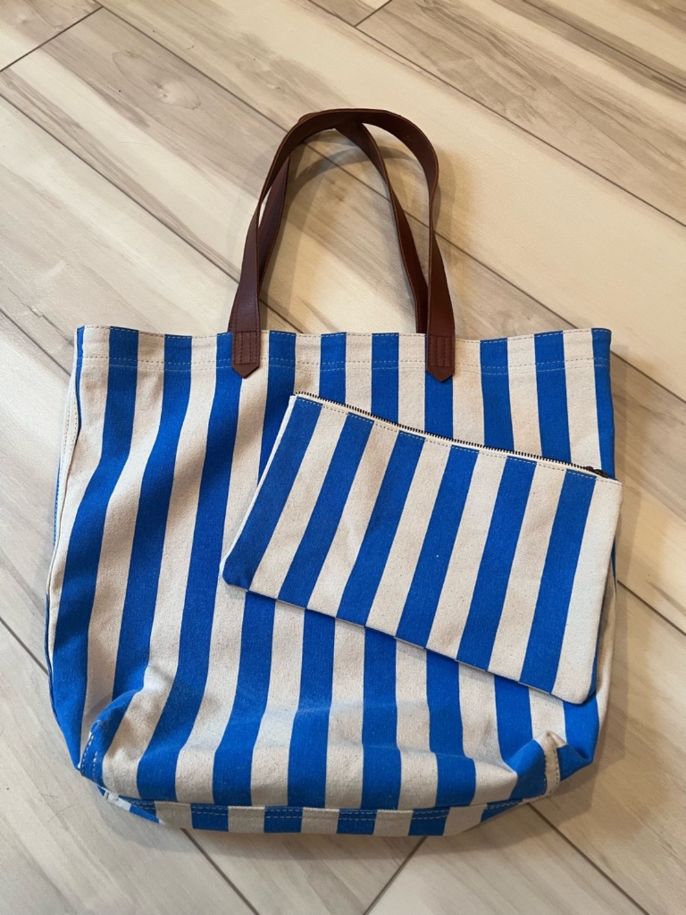 Able Blue and Cream Striped Canvas Tote with Brown Handles and Matching Pouch